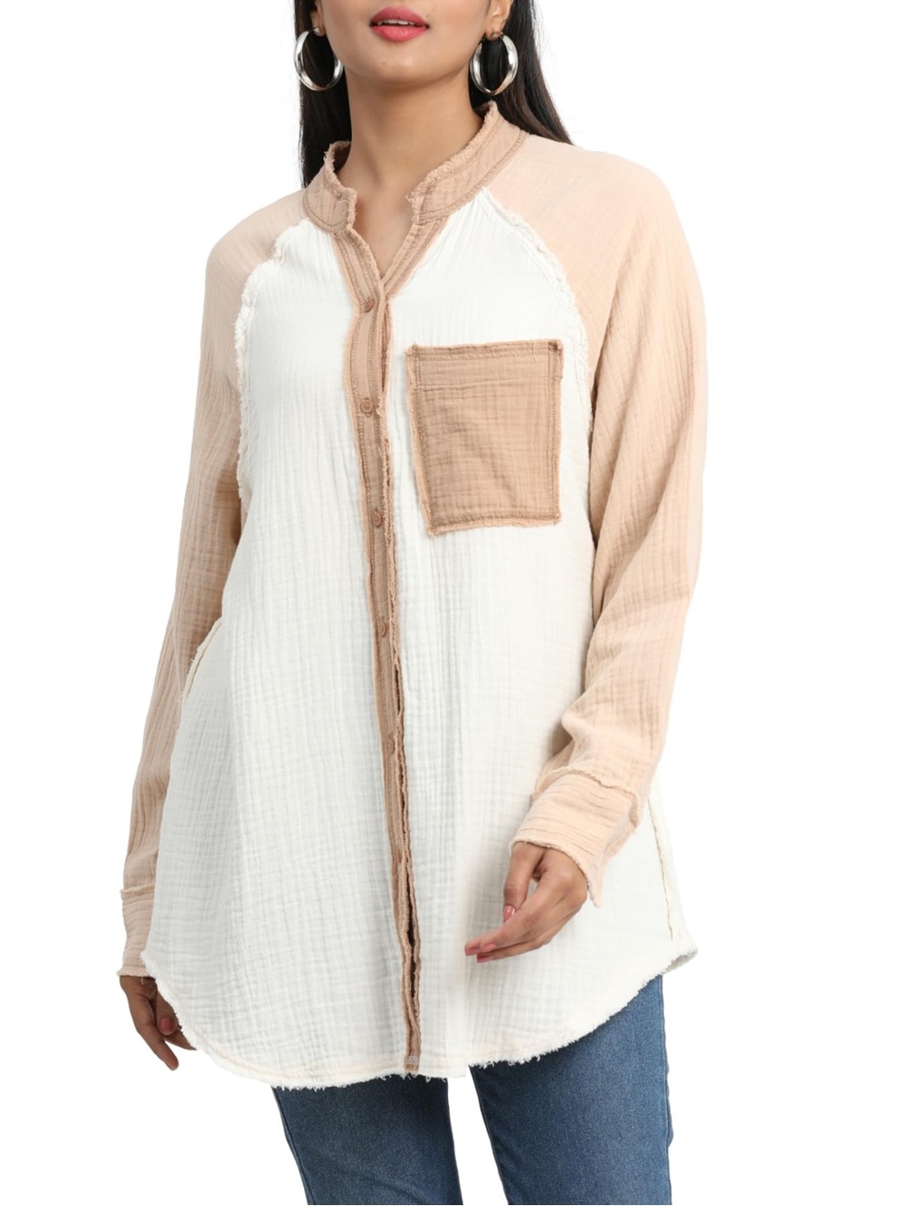 Aerie Cream Colorblock Gauzy Cover Up Button Down Shirt Size Small